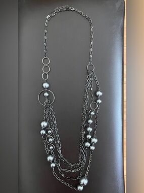 Multi-Strand Gunmetal Necklace with Grey Pearlescent Beadst